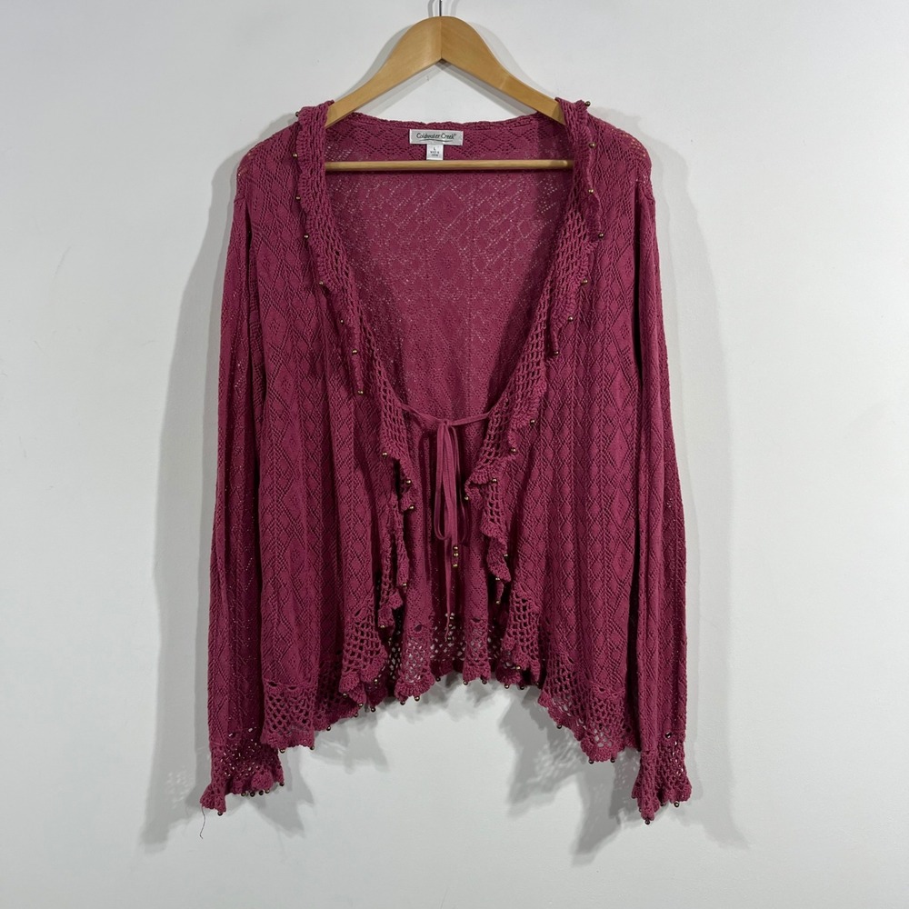 Coldwater Creek Berry Pink Crochet Tie Front Beaded Cardigan Sweater Large